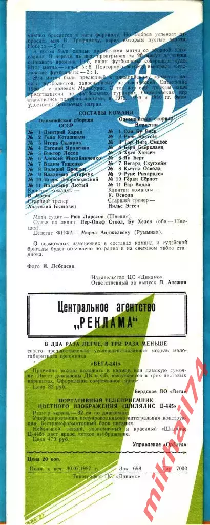 СССР - Норвегия 1987г. (Олимпийский отборочный турнир) 1