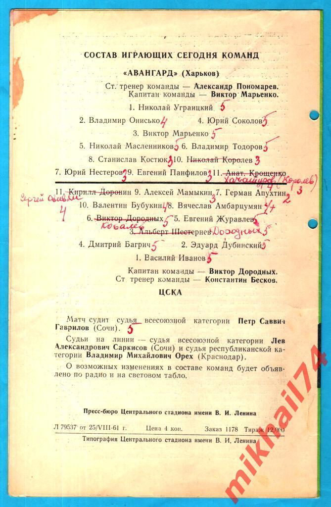 ЦСКА - Авангард Харьков 1961г. (Тираж 12.000 экз.). 1