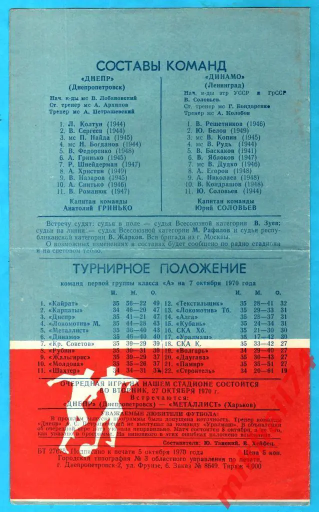 Днепр Днепропетровск - Динамо Ленинград 1970г. (Тир.4.000 экз.) 1