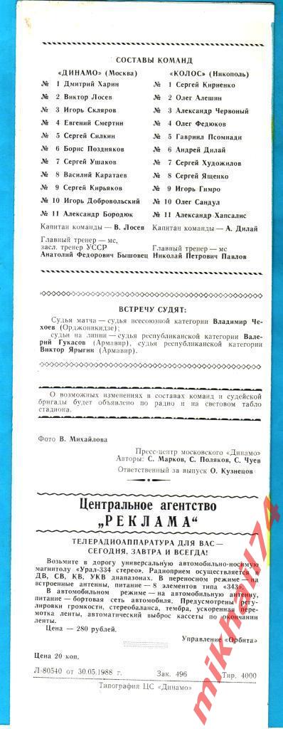 Динамо Москва - Колос Никополь.Кубок СССР (1/16 финала).1988г. 1