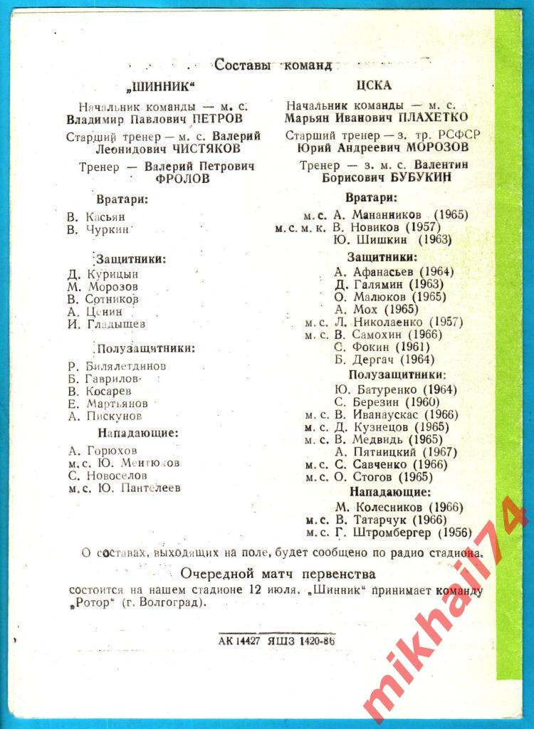 Шинник Ярославль - ЦСКА 1986г. (Первая лига) 1