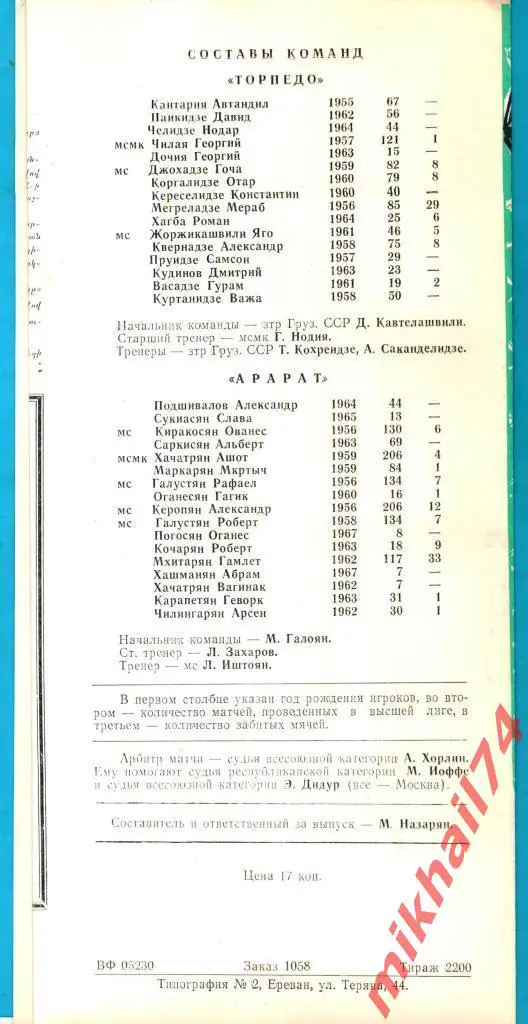 Арарат Ереван - Торпедо Кутаиси 1985г. 3:1 (1:0).(Тираж 2.200 экз.) 1