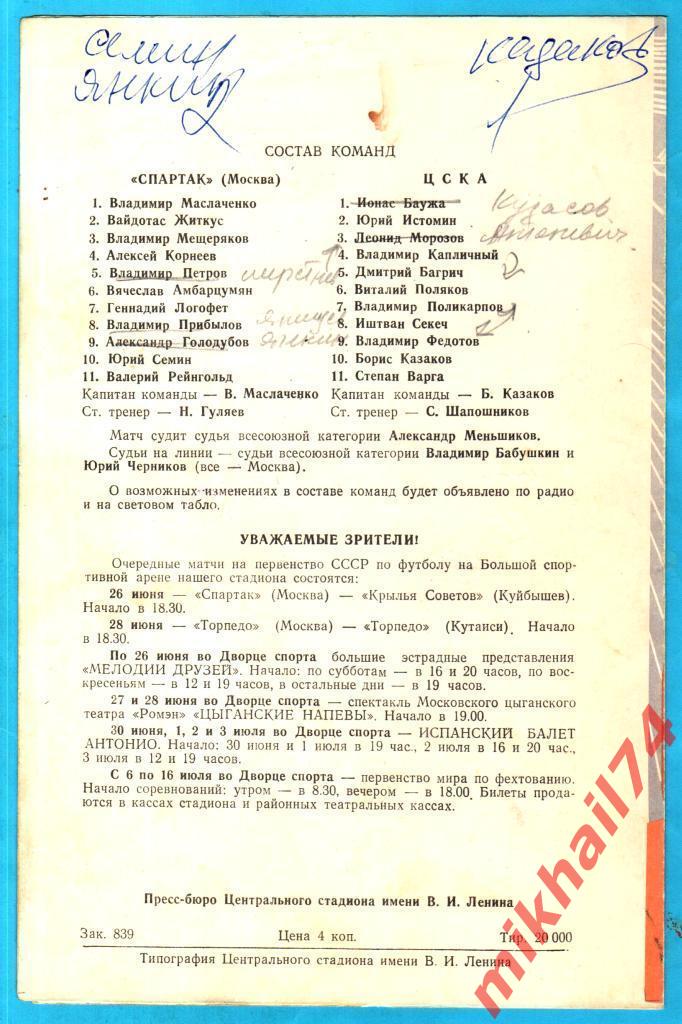 ЦСКА - Спартак Москва 1966г. (Тираж 25.000 экз.) 1