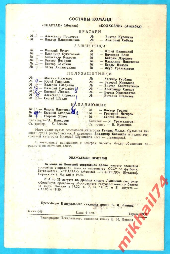 Спартак Москва - Колхозчи Ашхабад 1977г. (Первая лига) 1