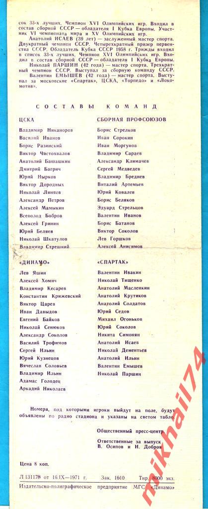 ЦСКА,Спартак,Динамо Москва,Профсоюзы (Турнир ветеранов) 1971г. 1