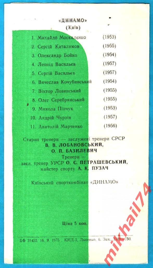 Динамо Киев - Локомотив Москва 1975г. (Дублеры) Тираж 750 экз. 1