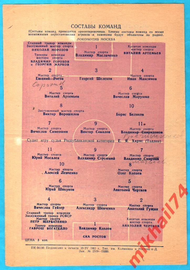 СКА Ростов-на-Дону - Локомотив Москва 1961г. 1