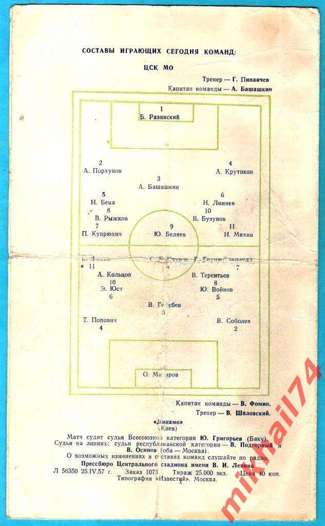 ЦСК МО - Динамо Киев 1957г. 2:4(1:3) . (Тираж 25.000 экз.) 1