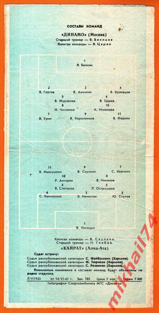 Динамо Москва - Кайрат Алма-Ата 1961г. (Тираж 7.000 зкз.) 1