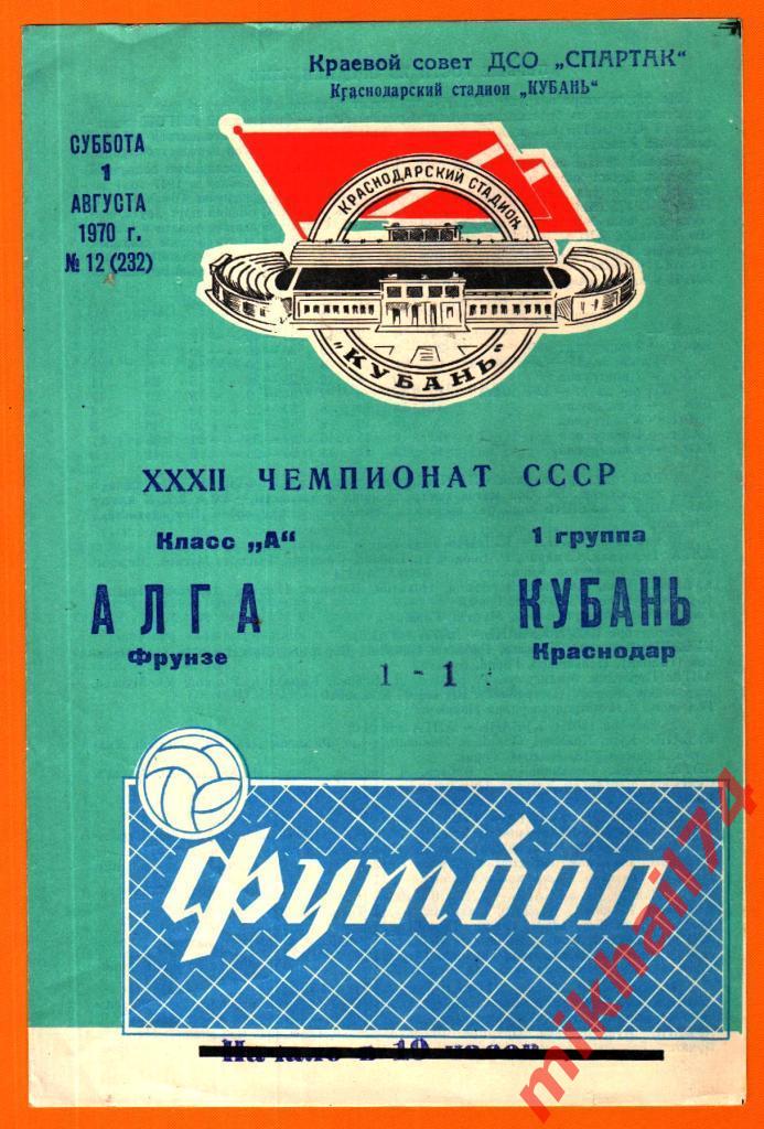 Кубань Краснодар - Алга Фрунзе 1970г.