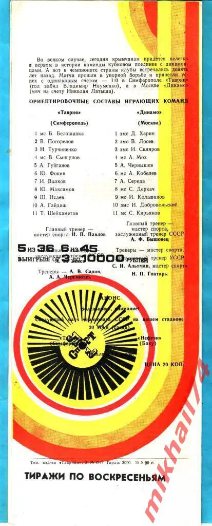 Таврия Симферополь - Динамо Москва 1990г. (Кубок СССР..1/16 финала) 1
