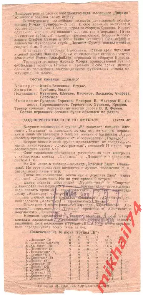Динамо Харьков - Динамо Львов 1940г. (Товарищеская встреча).(Тир.1.500 шт.) 1