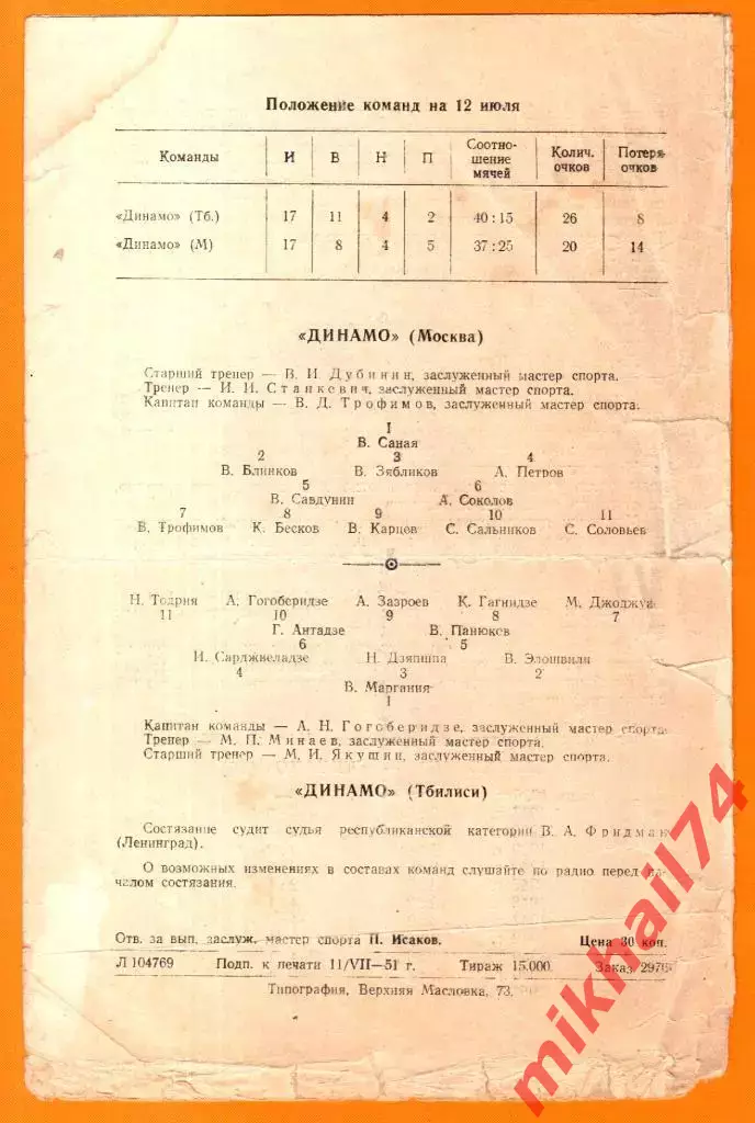 Динамо Москва - Динамо Тбилиси 1951г. (Тираж 15.000 экз.). 1