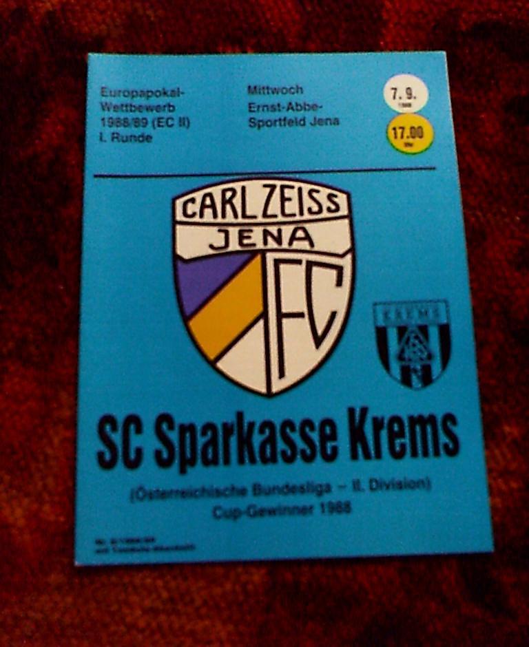 Программа матча Кубка кубков Карл Цейсс Йена ГДР- Кремс Австрия за 7.09.1988