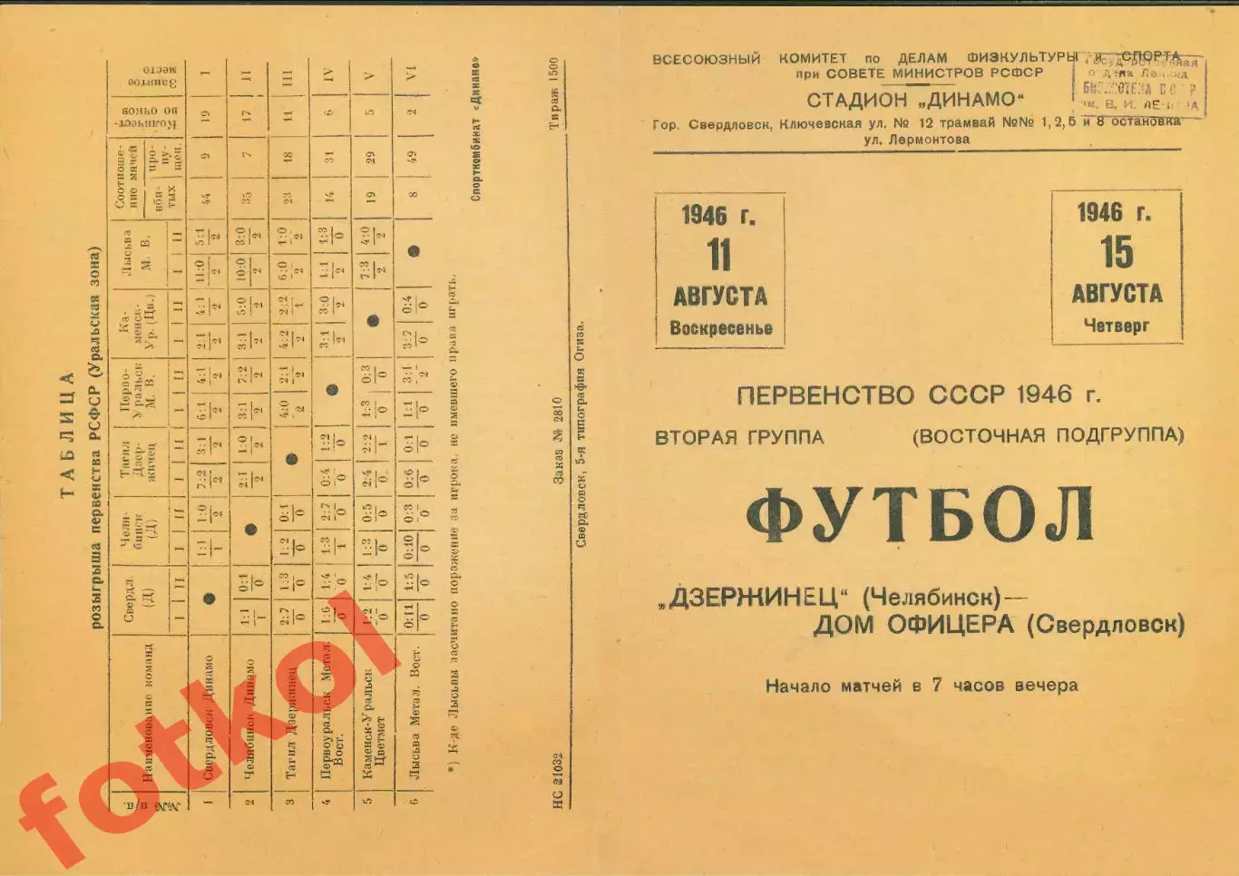 ДОМ ОФИЦЕРОВ Свердловск- ДИНАМО Челябинск 11 - 15.08.1946