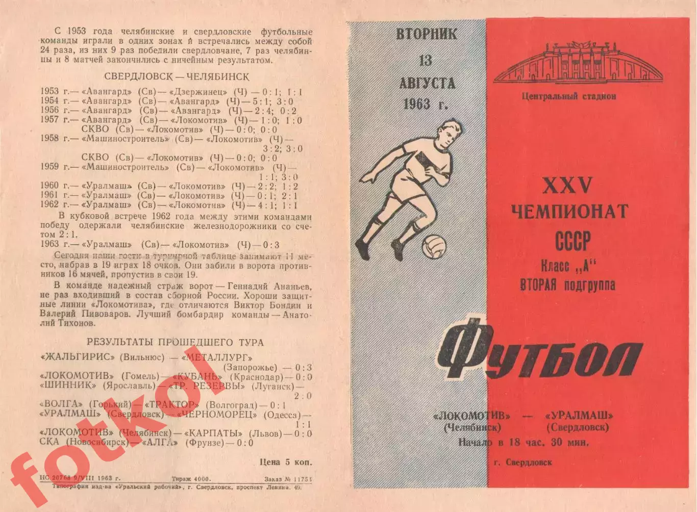 УРАЛМАШ Свердловск - ЛОКОМОТИВ Челябинск 13.08.1963