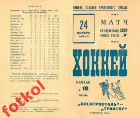 ТРАКТОР Челябинск - ЭЛЕКТРОСТАЛЬ Электросталь 24.11.1962 - РЕПРИНТ