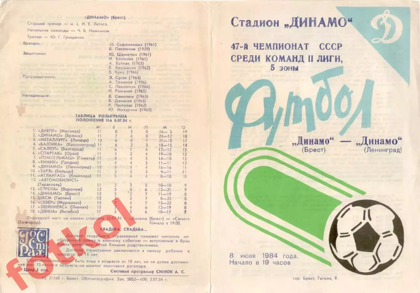 ДИНАМО Брест - ДИНАМО Ленинград 08.07.1984