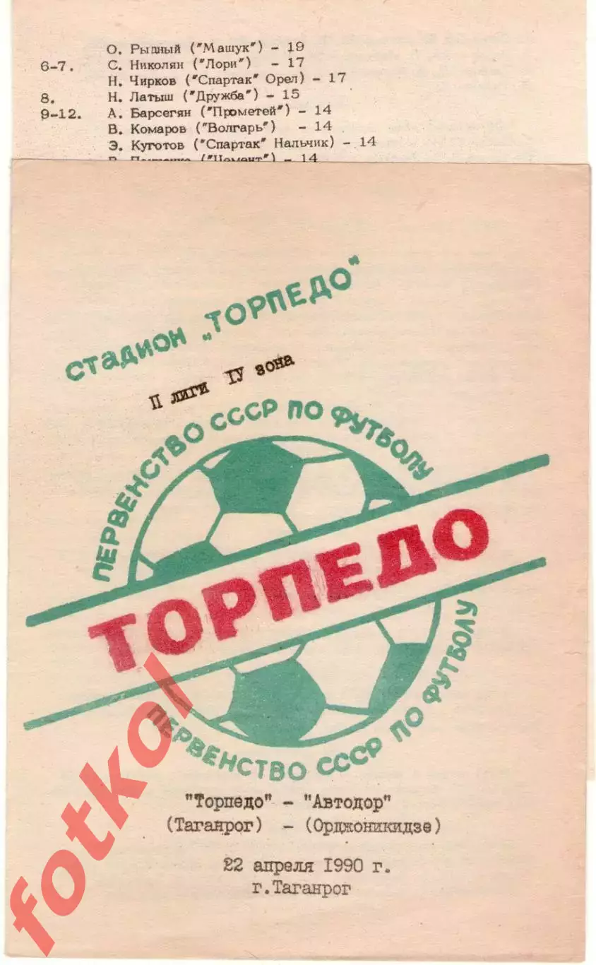 ТОРПЕДО Таганрог - АВТОДОР Орджоникидзе/Владикавказ 22.04.1990