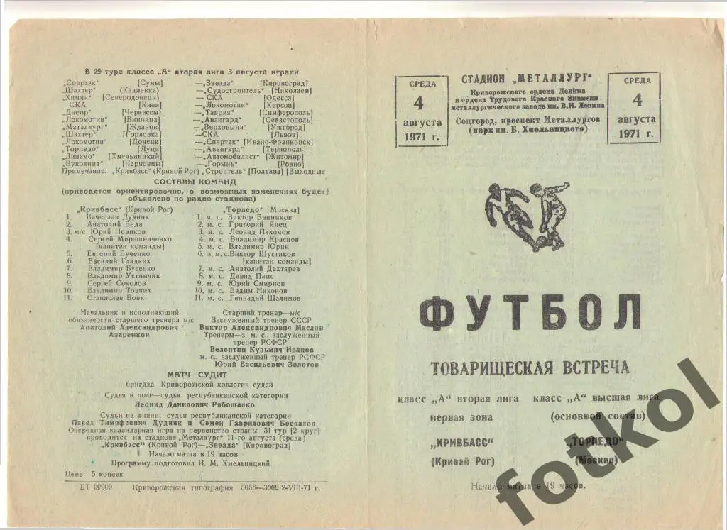 КРИВБАСС Кривой Рог – ТОРПЕДО Москва 04.08.1971