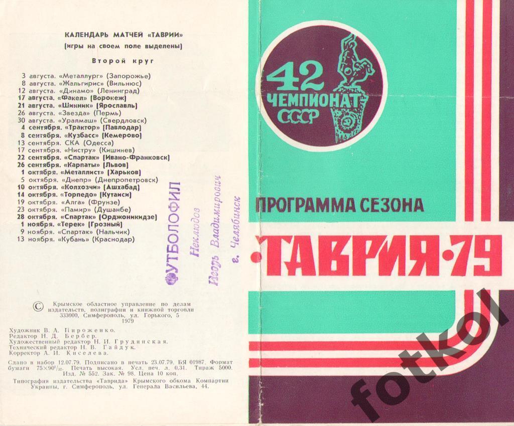 Программа сезона. ТАВРИЯ Симферополь 1979