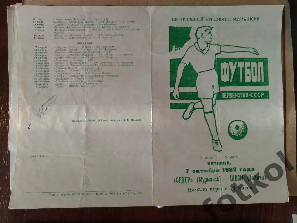 СЕВЕР Мурманск - ШВСМ Таллин/Эстония 07.10.1983