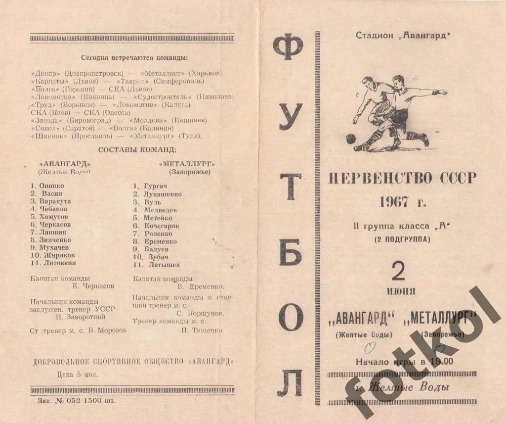 АВАНГАРД Желтые Воды – МЕТАЛЛУРГ Запорожье 02.06.1967