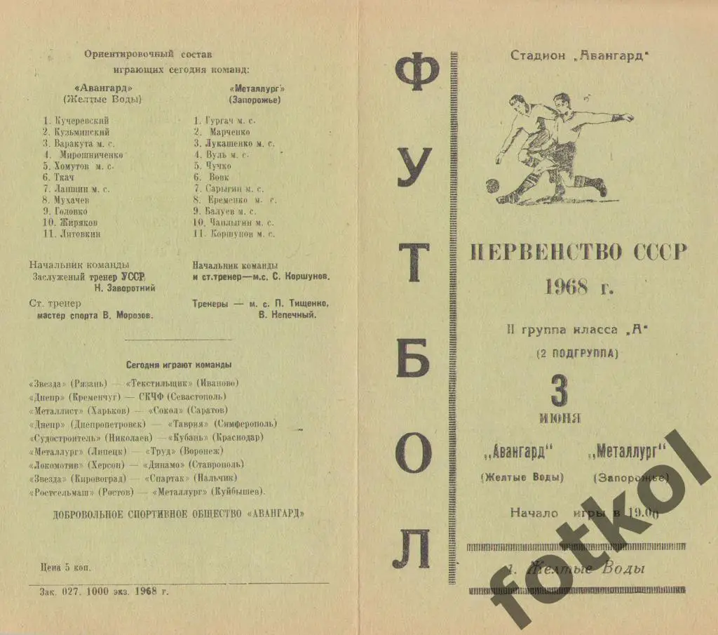 АВАНГАРД Желтые Воды – МЕТАЛЛУРГ Запорожье 03.06.1968