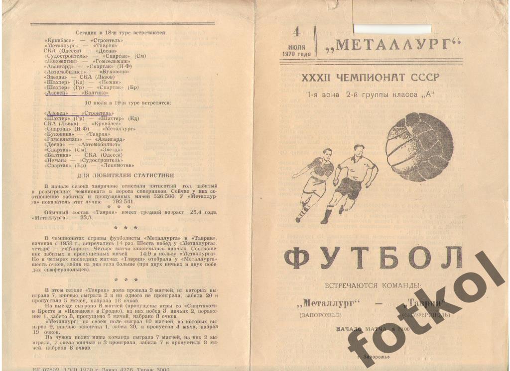 МЕТАЛЛУРГ Запорожье – ТАВРИЯ Симферополь 04.07.1970