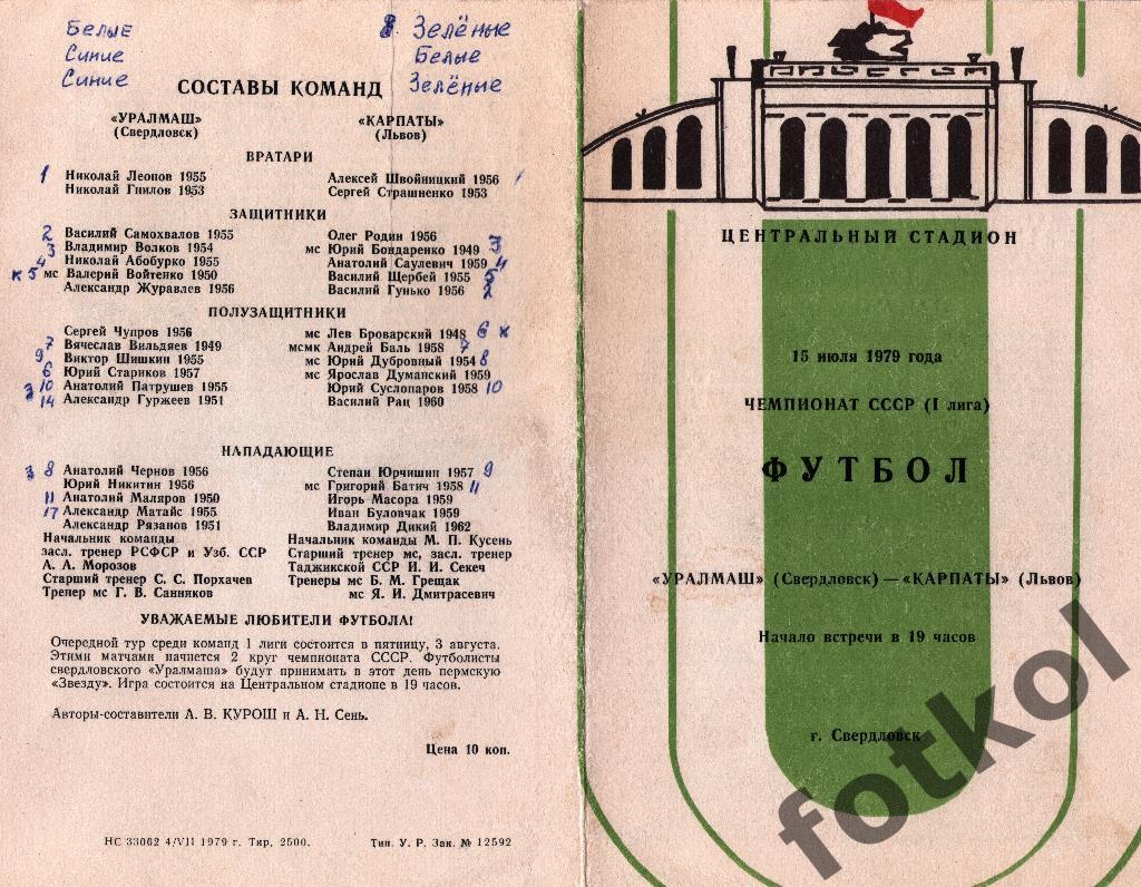 УРАЛМАШ Свердловск/Екатеринбург – КАРПАТЫ Львів 15.07.1979