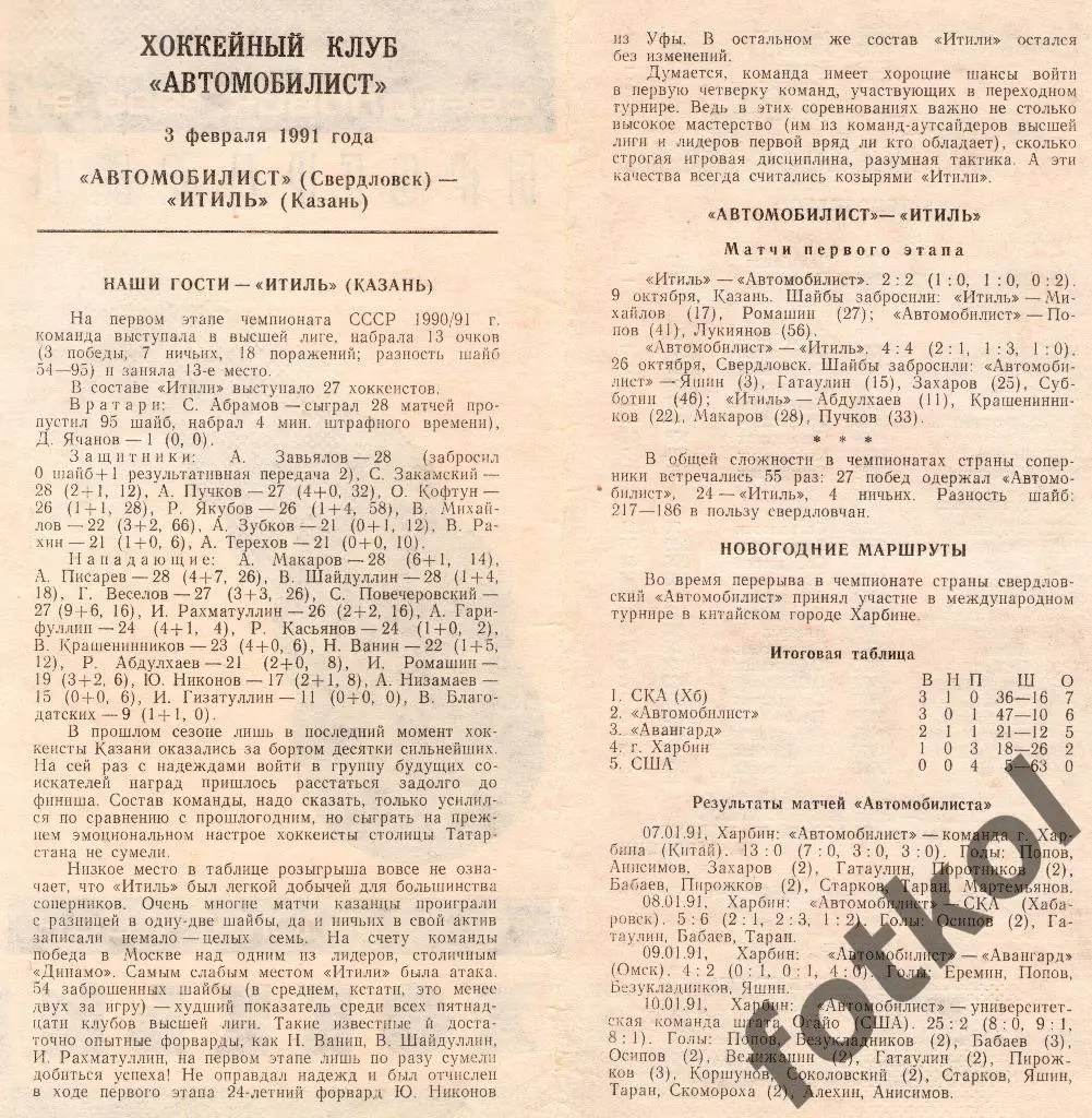 Автомобилист Свердловск - Итиль Казань 03.02.1991