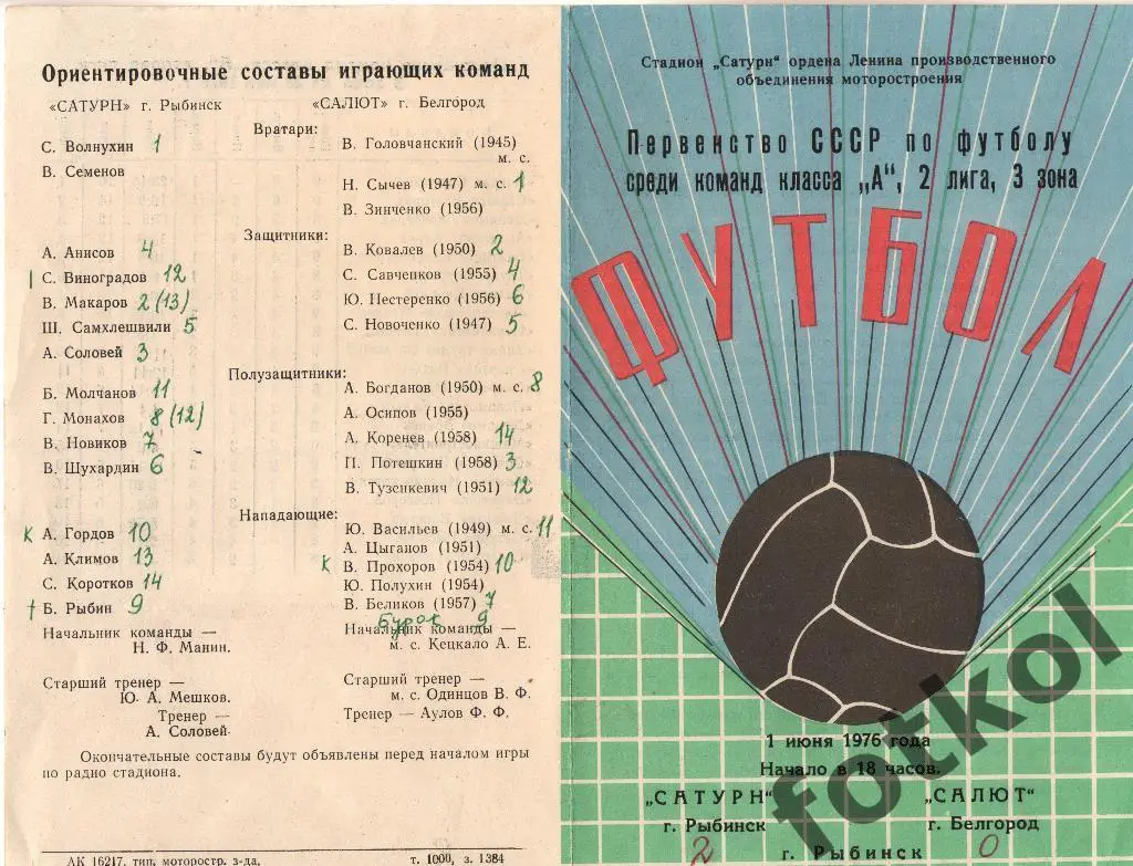 САТУРН Рыбинск/Андропов - САЛЮТ Белгород 01.06.1976