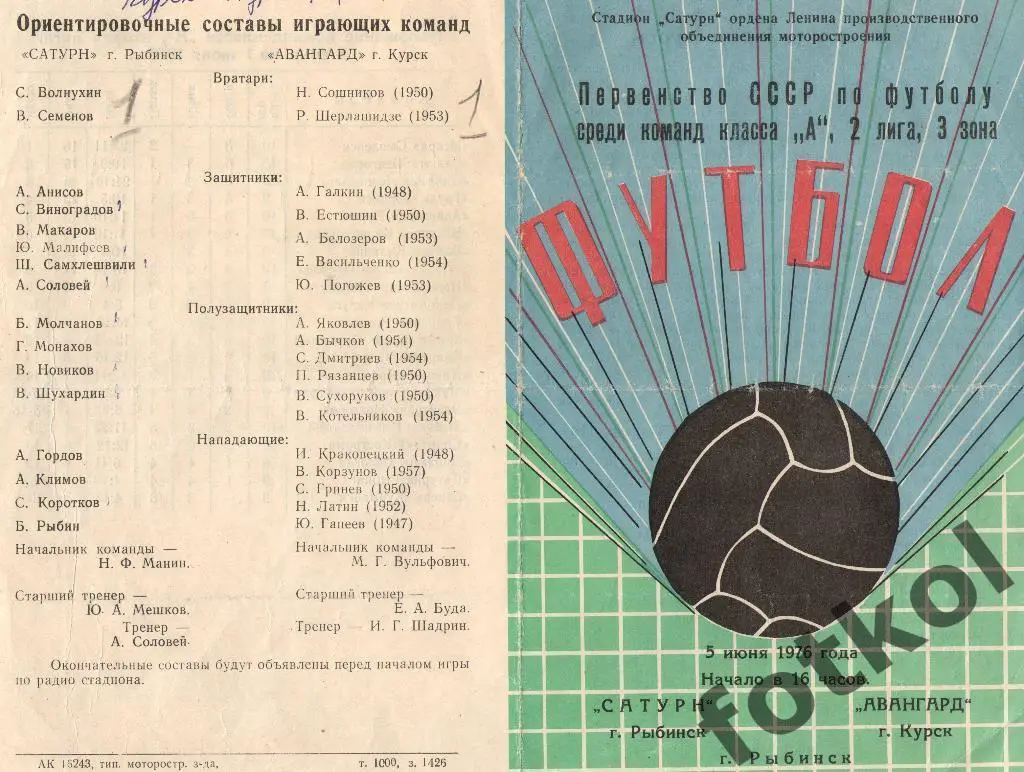 САТУРН Рыбинск/Андропов - АВАНГАРД Курск 05.06.1976