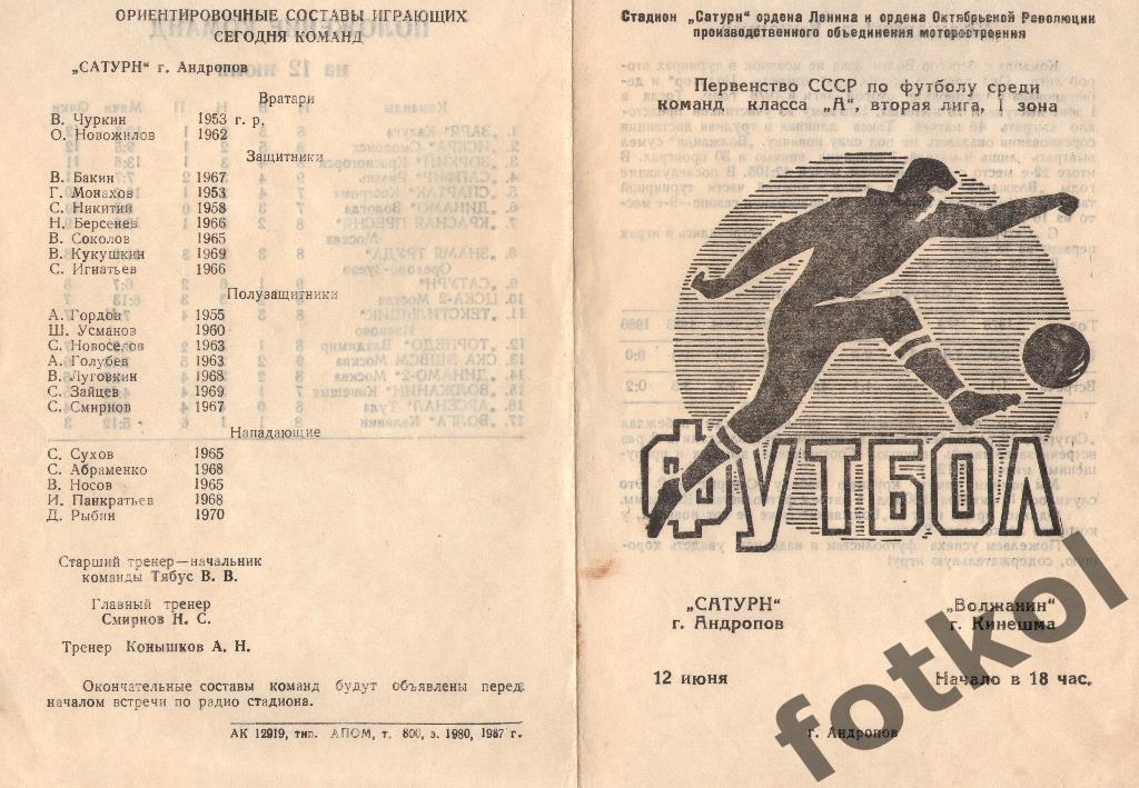 САТУРН Рыбинск/Андропов - ВОЛЖАНИН Кинешма 12.06.1987