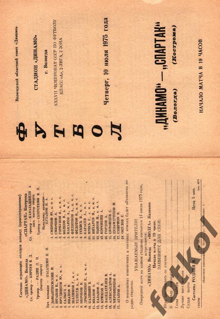 ДИНАМО Вологда – СПАРТАК Кострома 10.07.1975