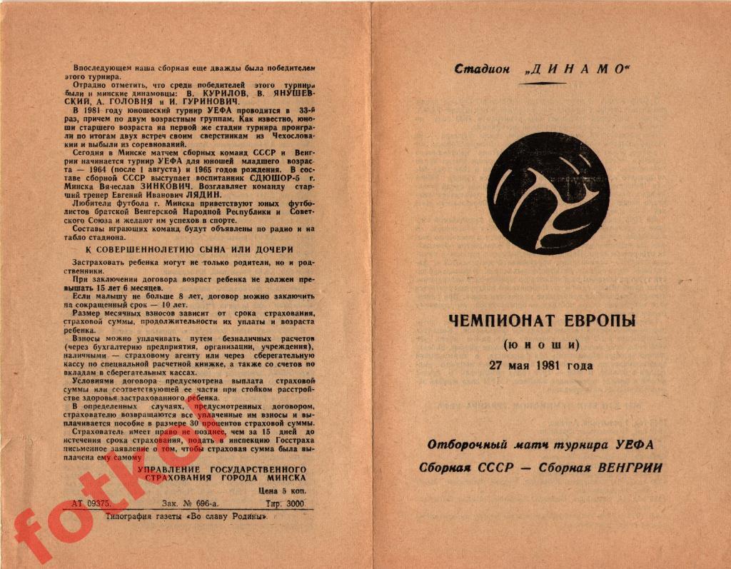 СССР Сборная юноши - ВЕНГРИЯ Сборная юноши 27.05.1981 ОМ ЧЕ