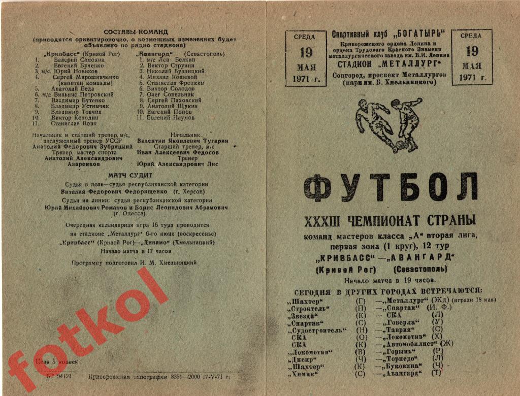 КРИВБАСС Кривой Рог - АВАНГАРД Севастополь 19.05.1971