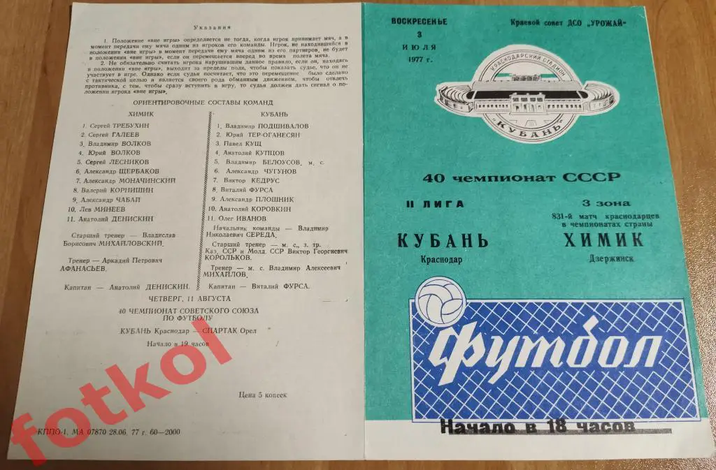 КУБАНЬ Краснодар - ХИМИК Дзержинск 03.07.1977