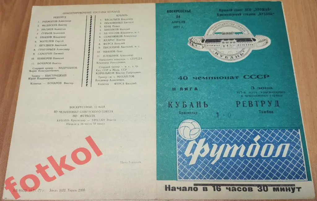 КУБАНЬ Краснодар - РЕВТРУД Тамбов 24.04.1977