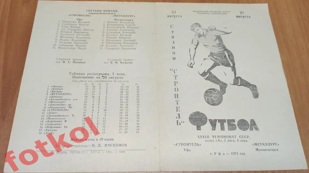 СТРОИТЕЛЬ Уфа – МЕТАЛЛУРГ Магнитогорск 24.08.1971