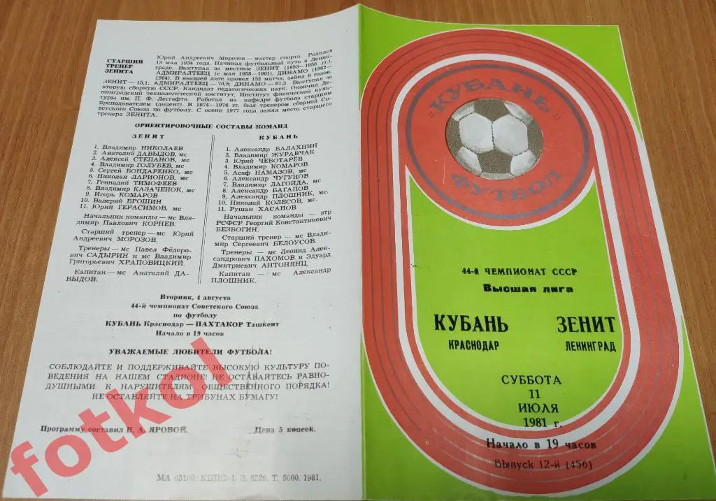 КУБАНЬ Краснодар - ЗЕНИТ Ленинград/Санкт - Петербург 11.07.1981
