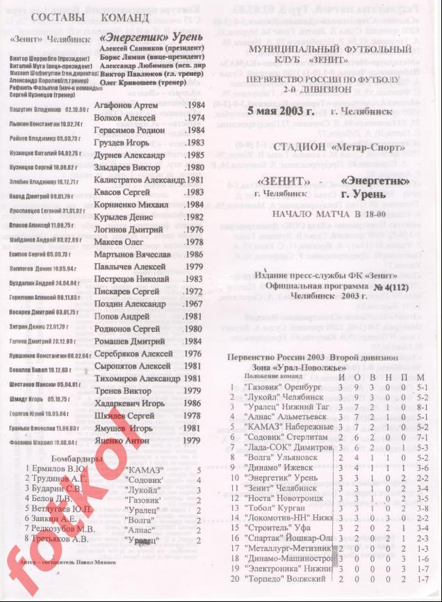 ЗЕНИТ Челябинск - ЭНЕРГЕТИК Урень 05.05.2003