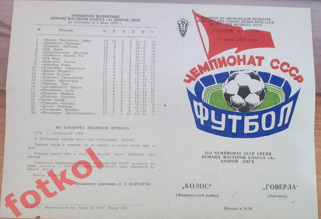 КОЛОС Никополь - ГОВЕРЛА Ужгород 07.06.1979