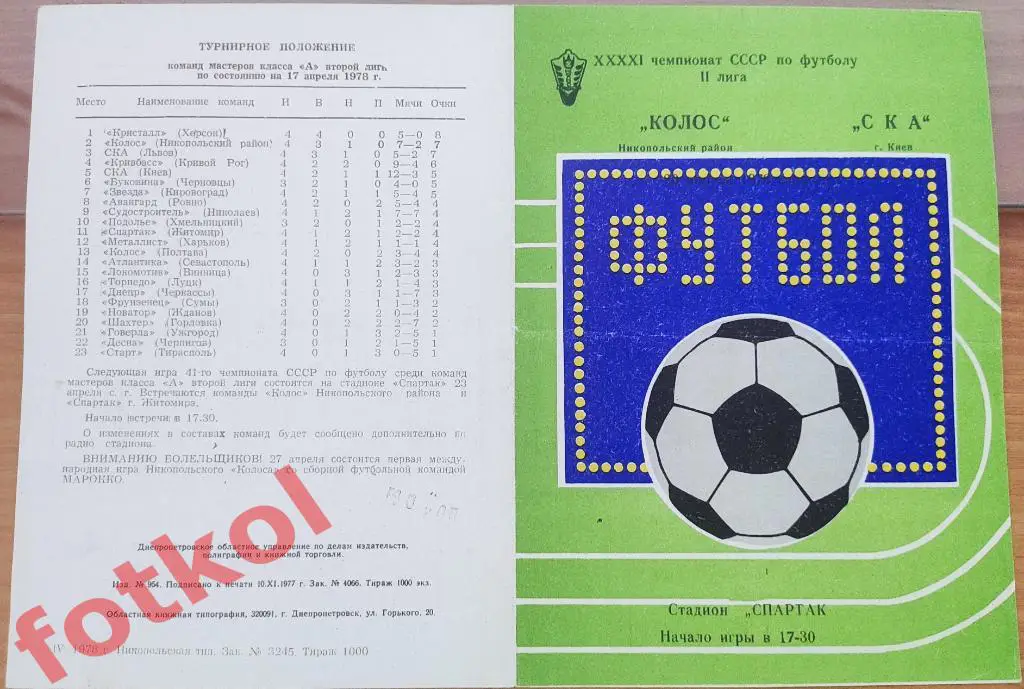 КОЛОС Никополь - СКА Киев 17.04.1978