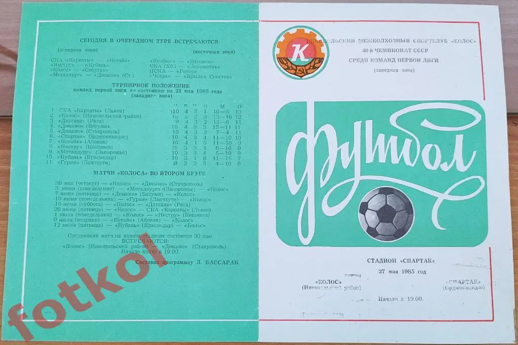 КОЛОС Никополь - СПАРТАК Орджоникидзе 27.05.1985