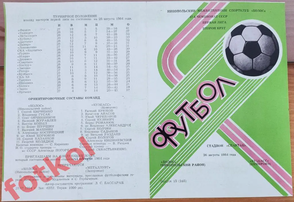 КОЛОС Никополь - КУЗБАСС Кемерово 26.08.1984