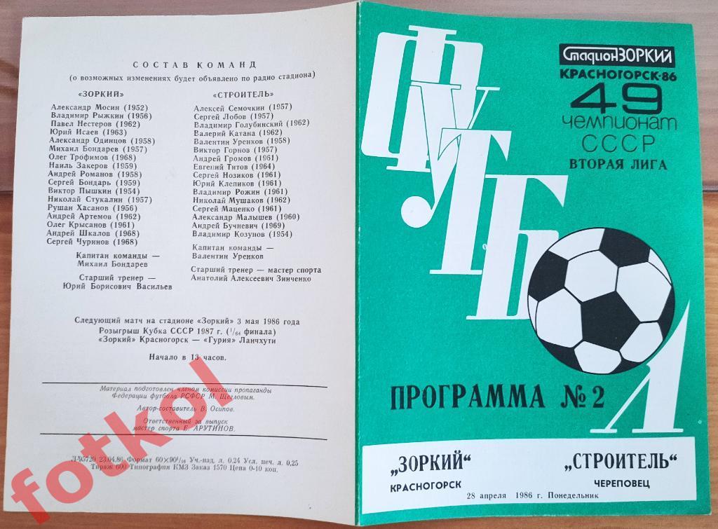 ЗОРКИЙ Красногорск - СТРОИТЕЛЬ Череповец 28.04.1986