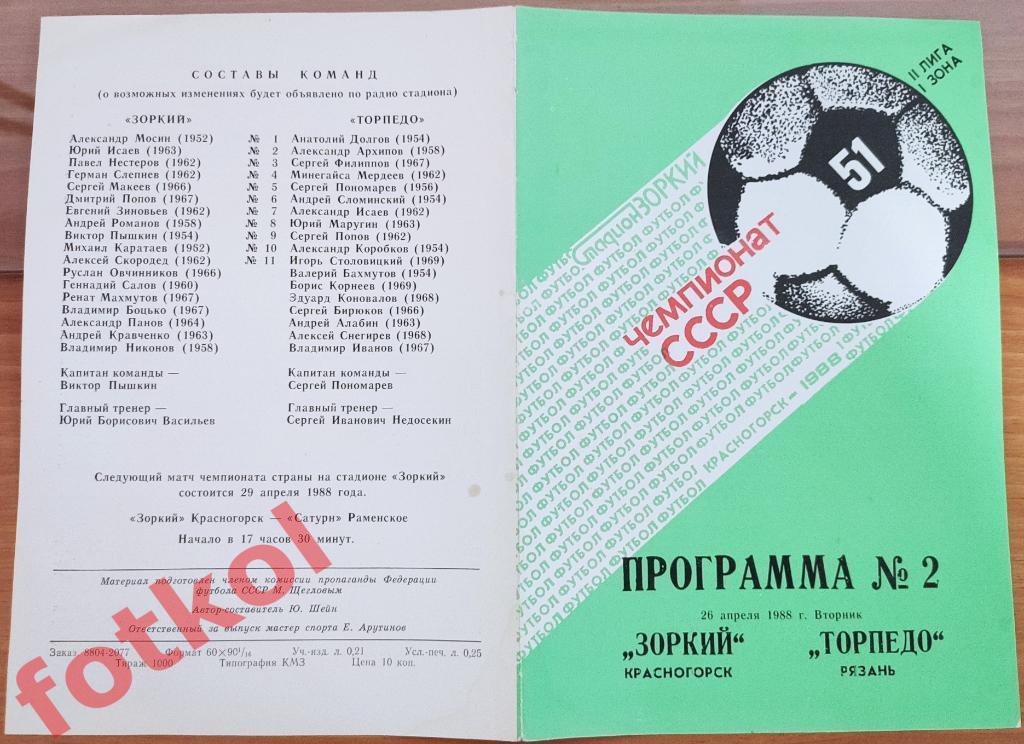 ЗОРКИЙ Красногорск - СПАРТАК Рязань 26.04.1988