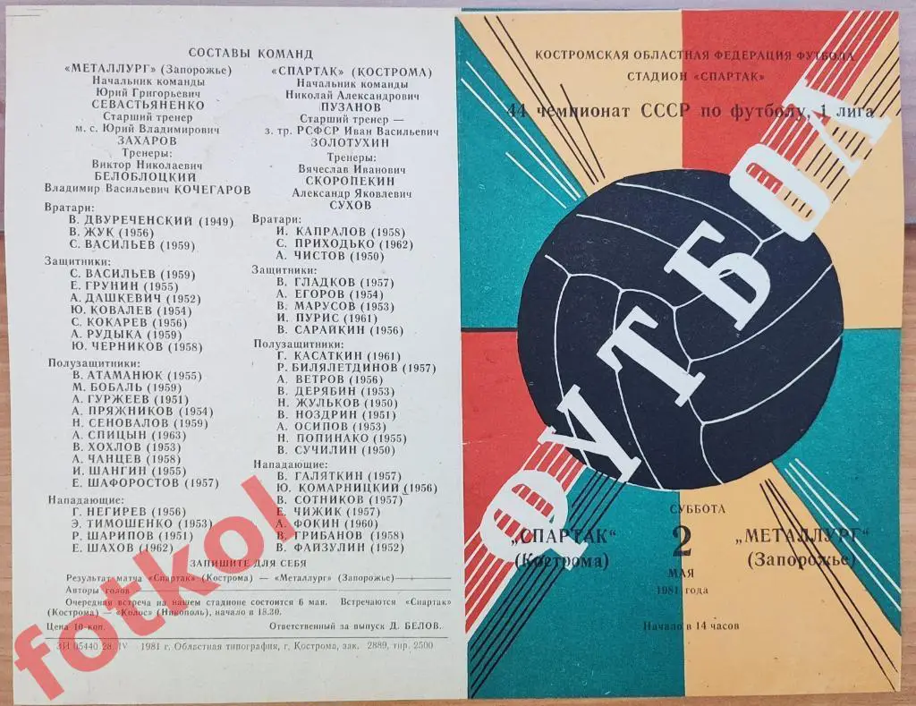 СПАРТАК Кострома – МЕТАЛЛУРГ Запорожье 02.05.1981