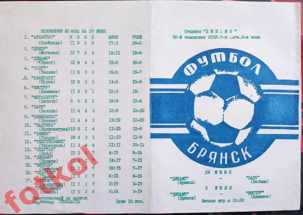 ДИНАМО Брянск - ЗАРЯ Бельцы/НИСТРУ Кишинев 29.06. - 02.07.1987